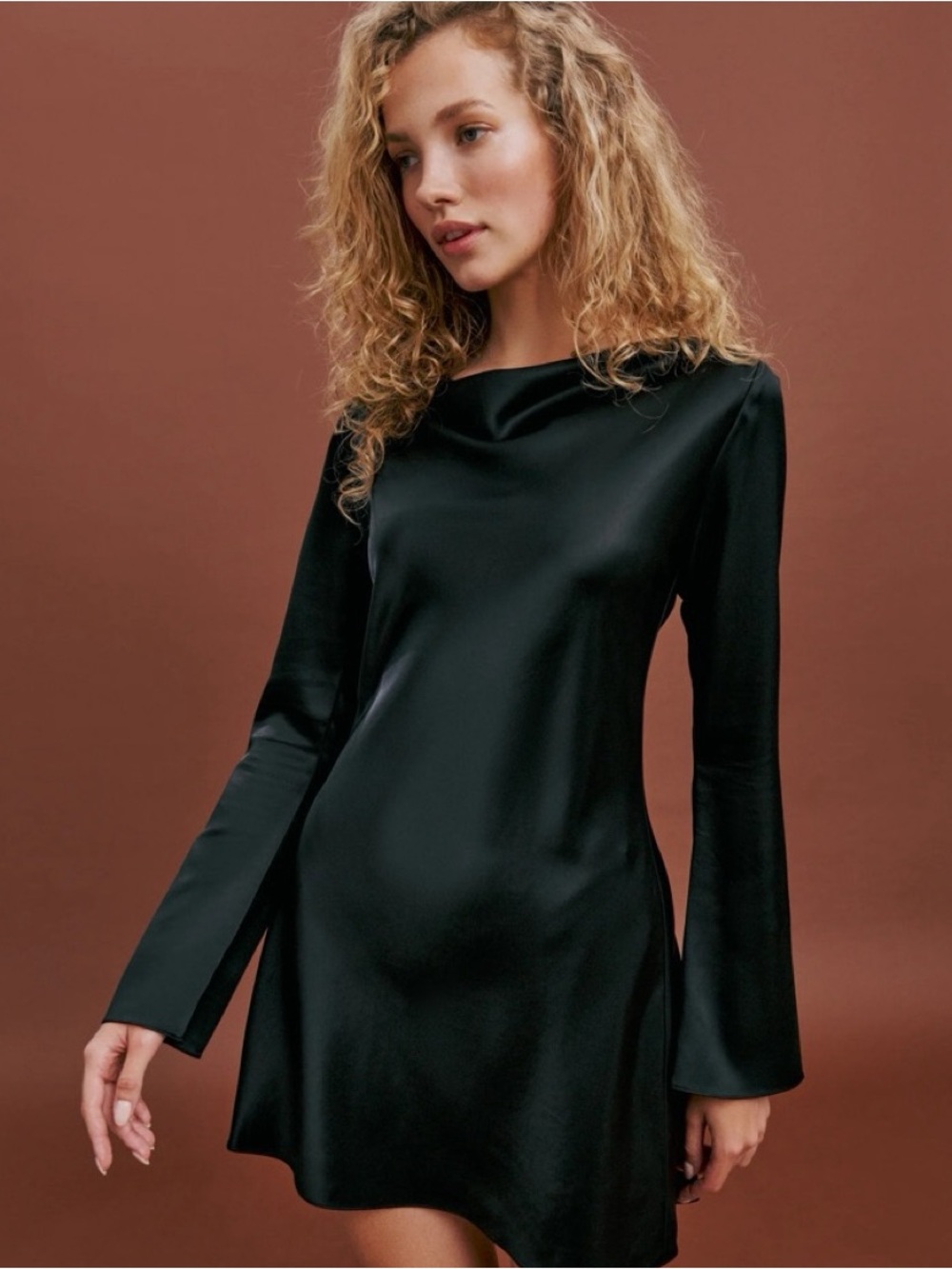 Reformation Pike Black Satin Long-Sleeve Mini Dress Scoop Neck